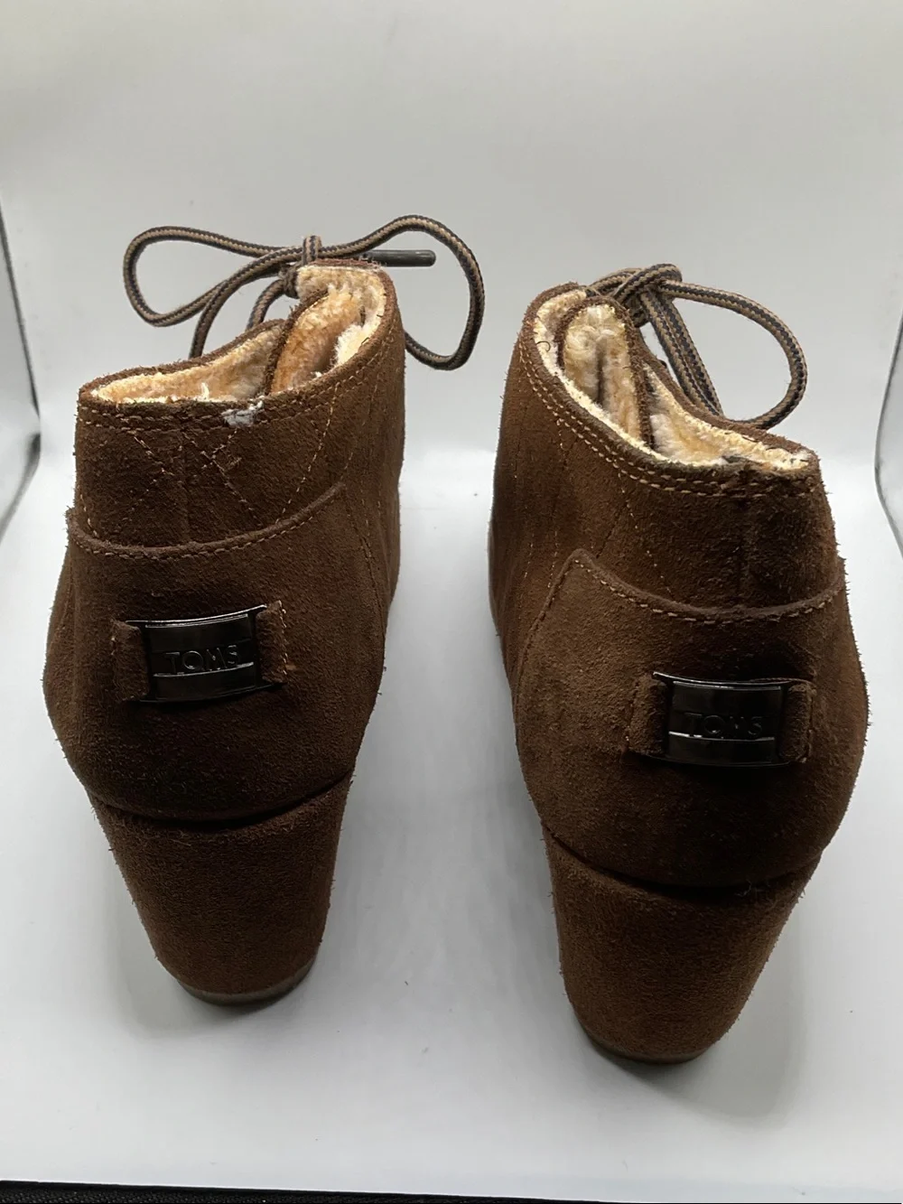 Toms Brown like new Suede Lace-Up Shearling Ankle Booties, size 8.5